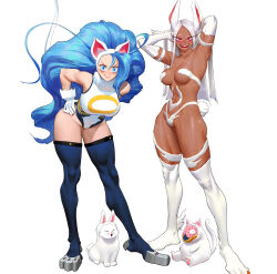 Rule 34 | 2girls, ahoge, animal costume, animal ears, animal hands, arms behind head, arms up, bare shoulders, big hair, blue eyes, blue hair, blue thighhighs, body fur, boku no hero academia, breasts, cat, cat costume, cat ears, cat girl, cat paws, cat tail, claws, cosplay, costume switch, crescent print, crossover, dark-skinned female, dark skin, elbow gloves, felicia (vampire), felicia (vampire) (cosplay), female focus, full body, gloves, grabbing another&#039;s hair, hands on own hips, heattech leotard, huge ahoge, large breasts, leaning forward, leotard, long eyelashes, long hair, looking at viewer, mirko, mirko (cosplay), multiple girls, muscular, muscular female, noumu (boku no hero academia), open mouth, parted bangs, rabbit costume, rabbit ears, rabbit girl, rabbit tail, red eyes, revealing clothes, simple background, sleeveless turtleneck leotard, slit pupils, smile, standing, tail, thighhighs, trait connection, vampire (game), white background, white fur, white gloves, white leotard, white thighhighs, wonbin lee