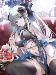 Rule 34 | 1girl, akatsuki hijiri, black bow, black dress, black footwear, blue eyes, boots, bow, braid, breasts, center opening, cleavage, dress, fate/grand order, fate (series), food, french braid, fruit, grey hair, hair bow, highres, large breasts, long hair, long sleeves, looking at viewer, morgan le fay (fate), parfait, pelvic curtain, ponytail, pubic tattoo, sidelocks, solo, stomach tattoo, strawberry, tattoo, thigh boots, thighhighs, thighs, two-tone dress, very long hair, white dress, wide sleeves