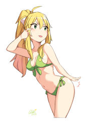 Rule 34 | &gt;:p, 1girl, :p, ^^^, absurdres, ahoge, akanbe, arm up, artist name, ass smack, bikini, blonde hair, breasts, cloba, cowboy shot, cropped legs, dated, eyelid pull, front-tie bikini top, front-tie top, green bikini, green eyes, hair between eyes, high ponytail, highres, hoshii miki, idolmaster, idolmaster (classic), leaning forward, long hair, medium breasts, navel, ponytail, sidelocks, simple background, solo, spanked, spanking, swimsuit, tongue, tongue out, v-shaped eyebrows, white background