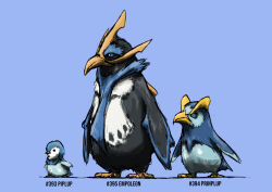 Rule 34 | absurdres, animal focus, arms at sides, bird, black eyes, blacknirrow, blue background, blue eyes, blue theme, character name, claws, closed mouth, creatures (company), empoleon, english text, evolutionary line, full body, game freak, gen 4 pokemon, highres, nintendo, no humans, penguin, piplup, pokedex number, pokemon, pokemon (creature), prinplup, realistic, simple background, sketch, standing