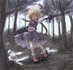 Rule 34 | 1girl, :d, ^ ^, ascot, bad id, bad pixiv id, blonde hair, blouse, bullet, cartridge, closed eyes, dappled sunlight, ex-rumia, fang, forest, frilled skirt, frills, furorida, gun, highres, machine gun, nature, no ribbon, open mouth, red ascot, red footwear, ribbon, rumia, shirt, shoes, sketch, skirt, smile, socks, sunlight, touhou, vest, weapon, white shirt