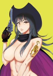 Rule 34 | &gt;:(, 1girl, absurdres, black gloves, black hair, black tiger, breasts, brown eyes, cape, cleavage, cowboy hat, eyeliner, frown, gloves, gun, handgun, hat, highres, holding, holding gun, holding weapon, huge breasts, kamitsuki manmaru, looking at viewer, makeup, naked cape, navel, nipples, nude, revolver, simple background, solo, tattoo, upper body, v-shaped eyebrows, weapon, yellow background