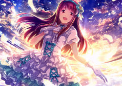 Rule 34 | 1girl, blush, brown eyes, brown hair, clip studio paint (medium), cloud, commentary request, corset, dress, feathers, frilled dress, frills, gloves, hairband, idolmaster, idolmaster million live!, ima (lm ew), long hair, ocean, open mouth, outdoors, puffy short sleeves, puffy sleeves, revision, short sleeves, sky, smile, solo, sun, sunset, tanaka kotoha, water, white dress, white gloves