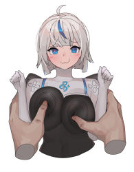 Rule 34 | 1girl, :3, ahoge, arms up, blue eyes, blue hair, blush, bodysuit, breast press, breasts, clenched hands, cropped torso, disembodied hand, dualsense, game console, heart, heart-shaped pupils, large breasts, looking at viewer, mini person, minigirl, multicolored hair, original, personification, playstation 5, playstation controller, product girl, short hair, solo, sony, streaked hair, symbol-shaped pupils, two-tone hair, upper body, virgosdf, white bodysuit, white hair