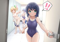 Rule 34 | !, 3girls, :o, absurdres, accidental pervert, ass, blonde hair, blue hair, blue one-piece swimsuit, blush, breasts, changing room, collarbone, covered navel, doorway, embarrassed, green eyes, green ribbon, hair ribbon, highres, holding strap, large breasts, locker, locker room, long hair, looking at viewer, looking back, medium breasts, medium hair, multiple girls, navel, new school swimsuit, nipples, one-piece swimsuit, open door, opening door, original, outstretched arm, partially undressed, pov doorway, pubic hair, raraserara, reaching, reaching towards viewer, red eyes, ribbon, school swimsuit, side ponytail, sidelocks, spoken exclamation mark, swimsuit, undressing, yellow eyes