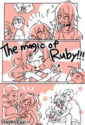 Rule 34 | + +, 2girls, 3boys, 3koma, :3, bandage over one eye, between fingers, big al, blush, chibi, choker, collarbone, comic, company connection, curly hair, english text, happy, holding, laughing, long hair, loose clothes, loose shirt, applying manicure, mizuhoshi taichi, monochrome, multiple boys, multiple girls, nail polish, nail polish bottle, oliver (vocaloid), one eye closed, painting nails, ruby (vocaloid), shirt, signature, sparkle, stitches, sweet ann, twitter username, vocaloid, yohioloid