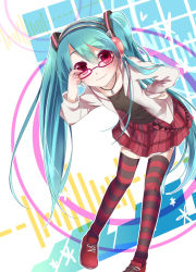 Rule 34 | 1girl, aqua hair, glasses, hand on own hip, hatsune miku, headphones, jewelry, kocchi muite baby (vocaloid), leaning forward, long hair, minya (flosty35), minyamo, necklace, project diva (series), project diva 2nd, red eyes, skirt, smile, solo, striped clothes, striped thighhighs, thighhighs, twintails, very long hair, vocaloid