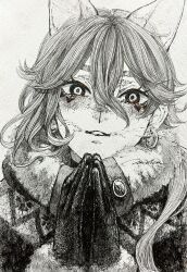 Rule 34 | 1girl, animal ears, asymmetrical hair, blush, breath, coat, eyebrows hidden by hair, eyelashes, fox ears, fur trim, gloves, greyscale, hair between eyes, highres, light smile, long hair, mihiro 00122, monochrome, original, own hands together, parted lips, red eyes, signature, simple background, solo, spot color, teeth, upper body