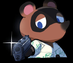 Rule 34 | 1boy, aiming, aiming at viewer, animal crossing, black background, blue eyes, commentary request, cropped torso, furry, furry male, glint, gram 9, gun, half-closed eyes, handgun, hawaiian shirt, highres, holding, holding gun, holding weapon, looking at viewer, male focus, nintendo, no mouth, raccoon boy, shaded face, shirt, simple background, snout, solo, tom nook (animal crossing), upper body, weapon