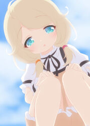 Rule 34 | 1girl, :o, ahoge, black ribbon, blonde hair, blue sky, brown dress, cloud, commentary, dot nose, dress, frilled sleeves, frilled wristband, frills, from below, green eyes, hair flaps, half-closed eyes, hands on own knees, highres, hosizora mikoto, idolmaster, idolmaster cinderella girls, legs, looking at viewer, low twintails, medium hair, puffy short sleeves, puffy sleeves, ribbon, shirt, short sleeves, sky, solo, squatting, thighs, twintails, white shirt, yusa kozue