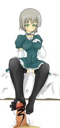Rule 34 | censored, elbow gloves, feet, footjob, gloves, green eyes, grey hair, highres, long image, momio, penis, tall image, thighhighs, toes