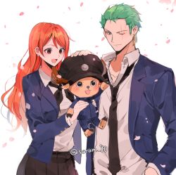 Rule 34 | 1girl, 2boys, alternate costume, antlers, archived source, bad id, bad twitter id, black headwear, black skirt, blush, cherry blossoms, commentary, commentary request, earrings, green hair, holding, horns, jewelry, joman, long hair, looking at another, multiple boys, nami (one piece), neck ribbon, necktie, one piece, orange eyes, orange hair, reindeer antlers, ribbon, roronoa zoro, scar, scar across eye, school uniform, shirt, short hair, sideburns, simple background, skirt, smile, tony tony chopper, upper body, white background, white shirt