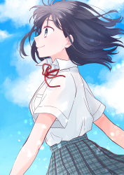 Rule 34 | 1girl, absurdres, black hair, blue eyes, blue sky, breasts, closed mouth, cloud, cloudy sky, collared shirt, commentary request, day, from side, grey skirt, highres, looking away, maru (memoriatechnica), neck ribbon, original, outdoors, plaid, plaid skirt, pleated skirt, profile, red ribbon, ribbon, school uniform, shirt, short sleeves, skirt, sky, small breasts, smile, solo, white shirt
