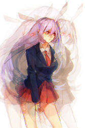 Rule 34 | 1girl, afterimage, animal ears, blazer, crescent, crescent moon, dress shirt, extra ears, finger gun, glowing, glowing eyes, highres, jacket, long hair, long sleeves, moon, necktie, pleated skirt, pointing, pointing down, purple hair, rabbit ears, rabbit girl, rabbit tail, red eyes, red necktie, red skirt, reisen udongein inaba, shirt, simple background, sketch, skirt, smile, solo, tail, tian (my dear), touhou, very long hair, white background, white shirt