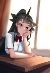 1girl artemis_of_the_blue atelier_live black_eyes black_hair bow bowtie breasts bright_pupils commentary english_commentary highres light_blush long_hair looking_at_viewer medium_breasts ponytail red_bow red_bowtie ryo_(ryo_artys) school_uniform shark_fin sitting smile solo virtual_youtuber white_pupils