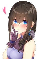 Rule 34 | 1girl, absurdres, bare shoulders, black hair, blue eyes, blush, breasts, closed mouth, dress, drill hair, earrings, gloves, go-1, hair between eyes, halterneck, heart, highres, idolmaster, idolmaster cinderella girls, jewelry, large breasts, long hair, looking at viewer, purple dress, purple gloves, sagisawa fumika, side drill, simple background, smile, solo, white background