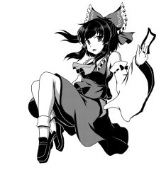 Rule 34 | 1girl, ascot, bare shoulders, bobby socks, bow, breasts, detached sleeves, floating, frilled shirt collar, frills, greyscale, hair bow, hair tubes, hakurei reimu, isaki (gomi), large bow, loafers, medium breasts, monochrome, ofuda, open mouth, shoes, sitting, skirt, skirt set, socks, solo, touhou, tsurime, vest, wide sleeves