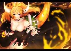 Rule 34 | 1girl, armlet, bare shoulders, black dress, blonde hair, blue eyes, bowsette, bracelet, breasts, collar, crown, dress, earrings, fire, highres, horns, jewelry, large breasts, letterboxed, mario (series), new super mario bros. u deluxe, nintendo, pointy ears, ponytail, potpourri suu, sharp teeth, spiked armlet, spiked bracelet, spiked collar, spiked shell, spiked tail, spikes, strapless, strapless dress, super crown, tail, teeth, turtle shell