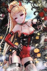 Rule 34 | 1girl, absurdres, alternate costume, armpits, bare shoulders, black nails, blonde hair, blush, breasts, bustier, choker, cinia pacifica, cleavage, cocoon (loveririn), collarbone, contrapposto, demon horns, drill hair, fake horns, fingerless gloves, fishnet thighhighs, fishnets, flower, frown, garter straps, gloves, hand on own hip, high ponytail, highres, horns, jack-o&#039;-lantern, lips, long hair, looking at viewer, nail polish, outstretched arm, outstretched hand, pink eyes, ponytail, pumpkin, red flower, red rose, resized, rose, sideboob, solo, standing, sword girls, thighhighs, very long hair