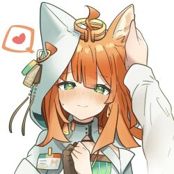 1girl ahoge animal_ears arknights aza_nonoka blunt_ends blush brown_gloves commentary_request gloves green_eyes hand_up headpat heart highres hood hood_up hooded_jacket id_card jacket looking_at_viewer orange_hair papyrus_(arknights) rubbing_ears single_glove solo spoken_heart upper_body