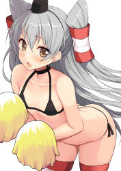Rule 34 | 10s, 1girl, amatsukaze (kancolle), b-ginga, bent over, bikini, black bikini, blush, brown eyes, collarbone, hair tubes, hat, kantai collection, long hair, looking at viewer, micro bikini, open mouth, pom pom (cheerleading), silver hair, skindentation, solo, striped clothes, striped thighhighs, sweat, sweatdrop, swimsuit, thighhighs, two side up, white background