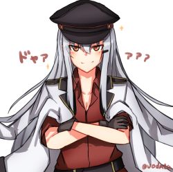 Rule 34 | 10s, 1girl, belt, black gloves, black hat, breasts, crossed arms, gangut (kancolle), gangut dva (kancolle), gloves, grey hair, hat, highres, jacket, jacket on shoulders, kantai collection, long hair, long sleeves, looking at viewer, military, military hat, military jacket, military uniform, nomad, orange eyes, peaked cap, red skirt, skirt, smile, solo, uniform, white background, yuubokumin
