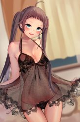 Rule 34 | 1girl, ahoge, aqua eyes, babydoll, bandaid, bandaid on face, bare arms, black babydoll, black panties, blurry, blurry background, blush, breasts, brown hair, collarbone, cover, cowboy shot, halterneck, highres, hololive, indoors, long hair, looking at viewer, natsuiro matsuri, open mouth, panties, see-through, sidelocks, skirt hold, small breasts, smile, solo, standing, tako 8 yaki, teeth, thigh gap, twintails, underwear, upper teeth only, virtual youtuber, window blinds
