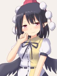Rule 34 | 1girl, black hair, black ribbon, black wings, blush, breasts, collared shirt, commentary request, dadamori, hat, looking at viewer, neck ribbon, pointy ears, raised eyebrow, red eyes, ribbon, shameimaru aya, shirt, short hair, simple background, small breasts, solo, tokin hat, touhou, upper body, wings