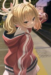Rule 34 | 1girl, absurdres, ahoge, atat250, blonde hair, blue archive, blurry, blurry background, blush, brown eyes, evening, hair between eyes, hair ribbon, halo, highres, hood, hood down, hooded jacket, jacket, long hair, long sleeves, looking at viewer, outdoors, pleated skirt, pov, red jacket, ribbon, skirt, sky, smile, solo, track jacket, twintails, v, white skirt, yoshimi (blue archive)