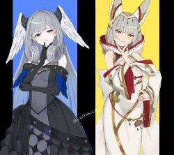 Rule 34 | 2girls, animal ears, black dress, black gloves, cat ears, dress, ear covers, finger to mouth, gloves, grey hair, hand on own chin, hand on own hip, head tilt, head wings, highres, hood, hood down, long hair, looking at viewer, melia antiqua, multiple girls, nia (xenoblade), parted lips, short hair, smile, smug, umotomochi, very long ears, very long hair, wide sleeves, wings, xenoblade chronicles (series), xenoblade chronicles 3