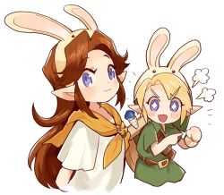 Rule 34 | 1boy, 1girl, blonde hair, blue eyes, brown hair, bunny hood (zelda), closed mouth, dress, hat, kanyoko (yuzukano 17), link, long hair, looking at viewer, malon, nintendo, open mouth, pointy ears, rabbit ears, shield, simple background, smile, sword, the legend of zelda, the legend of zelda: ocarina of time, weapon, young link