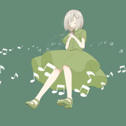 Rule 34 | 1girl, beamed eighth notes, blush, cellphone, closed eyes, collared shirt, dress shirt, earbuds, earphones, eighth note, green background, green footwear, green shirt, green skirt, grey hair, highres, holding, holding phone, musical note, original, parted lips, phone, quarter note, sandals, shirt, short hair, short sleeves, skirt, smile, solo, usui harusame