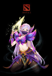 Rule 34 | 1girl, absurdres, breasts, cleavage, commentary, copyright name, dota (series), dota 2, energy blade, english commentary, flower, green eyes, hair flower, hair ornament, highres, jokanhiyou, long hair, looking at viewer, mask, medium breasts, midriff, mouth mask, navel, ninja mask, purple hair, solo, sparkle, templar assassin (dota), upper body