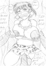 Rule 34 | 1girl, bad id, bad pixiv id, blush, breasts, earrings, gag, gagged, greyscale, hoop earrings, image sample, improvised gag, jewelry, kaizer knuckle, kidnapped, large areolae, large breasts, liza, monochrome, nipples, penis, pixiv sample, rape, resized, sex, solo focus, tape, tape gag, tree