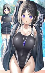 Rule 34 | 1girl, arms behind head, arrow (symbol), baseball cap, black hair, black one-piece swimsuit, blue jacket, breasts, chain-link fence, cleavage, clipboard, clothes writing, competition swimsuit, covered navel, fence, gluteal fold, hat, highleg, highleg swimsuit, highres, holding, holding clipboard, jacket, mizukoshi (marumi), mole, mole on breast, one-piece swimsuit, open clothes, open jacket, open mouth, original, pool, pool ladder, purple eyes, stretching, swimsuit, thigh gap, translation request, water, whistle, whistle around neck, zipper, zipper pull tab