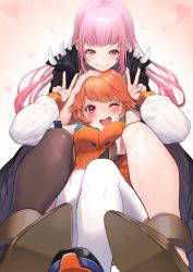 Rule 34 | 2girls, between thighs, blush, breasts, detached sleeves, double v, floating hair, from below, hand on another&#039;s head, highres, hololive, hololive english, light blush, medium breasts, mikan (chipstar182), mori calliope, mori calliope (1st costume), multiple girls, one eye closed, orange hair, pink eyes, pink hair, purple eyes, single thighhigh, smile, spikes, takanashi kiara, takanashi kiara (1st costume), thighhighs, v, virtual youtuber, yuri