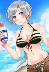 Rule 34 | 10s, 1girl, bad id, bad pixiv id, bare shoulders, beach, bikini, bikini top only, blue sky, blush, breasts, brown male swimwear, brown swim trunks, chitose (kancolle), cleavage, cloud, cup, day, drawstring, food, grey eyes, grey hair, hair ribbon, halterneck, haru no yuki, hip focus, holding, holding cup, kantai collection, long hair, looking at viewer, male swimwear, medium breasts, navel, ocean, outdoors, ponytail, ribbon, shaved ice, sky, smile, solo, striped bikini, striped bikini top, striped clothes, swim trunks, swimsuit, waves, white ribbon