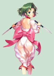 Rule 34 | 1girl, back, back bow, blue eyes, bow, choker, cowboy shot, dagger, dual wielding, earrings, ellis (toushinden), from behind, green background, green hair, holding, holding dagger, holding knife, holding weapon, jewelry, knife, kurage (kurakurapix), leotard, looking at viewer, looking back, parted bangs, pink bow, red neckwear, reverse grip, see-through, see-through sleeves, short hair, simple background, solo, toushinden, weapon, white leotard, wrist cuffs