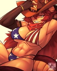 Rule 34 | 1girl, abs, absurdres, american flag bikini, armpits, artist name, bikini, breasts, commentary, cowboy hat, dragon girl, dragon horns, dragon tail, elbow gloves, english commentary, fingerless gloves, flag print, gloves, grey background, hair between eyes, hat, highres, horns, immrskull, large breasts, looking at viewer, navel, red hair, simple background, slit pupils, smirk, solo, swimsuit, tail, teeth, virtual youtuber, vshojo, watermark, zentreya (cowboy bikini), zentreya (dragon), zentreya