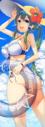 Rule 34 | 1girl, absurdres, akanagi youto, alternate hairstyle, armlet, ass, bad proportions, bikini, blue eyes, blue sky, breasts, cleavage, cloud, cloudy sky, covered erect nipples, day, flower, frill trim, frills, from below, green hair, hair ornament, hat, hat flower, highres, innertube, kochiya sanae, large breasts, outdoors, ponytail, side-tie bikini bottom, sidelocks, sky, smile, snake hair ornament, solo, strap gap, sun hat, swim ring, swimsuit, thighs, touhou, twisted torso, white bikini
