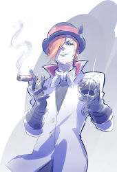 Rule 34 | 1boy, 8-ball, black gloves, black hat, blue eyes, cigar, gloves, hair over one eye, hat, highres, iesupa, looking at viewer, male focus, orange hair, parted lips, roman torchwick, rwby, smoking, solo, standing