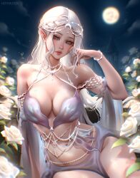 Rule 34 | 1girl, artist name, bare shoulders, breasts, cleavage, collarbone, commission, flower, full moon, hair ornament, highres, hotaru sen, jewelry, large breasts, lips, long hair, looking at viewer, moon, navel, necklace, night, night sky, original, outdoors, paid reward available, pointy ears, sky, solo, star (sky), white hair