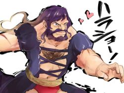 Rule 34 | 1boy, beard, blue eyes, chest hair, cosplay, facial hair, gradient beard, gradient hair, heart, hijiri byakuren, hijiri byakuren (cosplay), makuwauri, male focus, multicolored hair, parody, solo, street fighter, touhou, white background, wrestling outfit, zangief