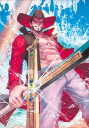 Rule 34 | 1boy, abs, artist request, bare pectorals, beard, black hair, coat, cross, cross necklace, dracule mihawk, facial hair, feet out of frame, from below, frown, glint, hat, highres, holding, holding sword, holding weapon, jewelry, large pectorals, looking at viewer, male focus, muscular, muscular male, mustache, navel, necklace, official art, one piece, pants, pectorals, sail, serious, ship, short hair, solo, sword, thick eyebrows, third-party source, water, watercraft, weapon, yoru (sword)