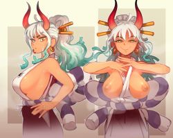Rule 34 | 1girl, ahoge, bare arms, bare shoulders, between breasts, breasts, closed mouth, clothes between breasts, cowboy shot, curled horns, earrings, flashing, from side, green hair, hair ornament, hair stick, half-closed eyes, hand up, hands up, high ponytail, highres, horns, japanese clothes, jewelry, justrube, kataginu, large breasts, long hair, looking at viewer, multicolored hair, multicolored horns, multiple views, naughty face, nipples, no bra, one piece, oni, orange eyes, parted lips, red horns, rope, shimenawa, shiny skin, sideboob, smile, sweat, two-tone hair, v-shaped eyebrows, white hair, yamato (one piece)