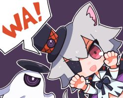 Rule 34 | 1girl, animal ears, arknights, black bow, black bowtie, black cape, bow, bowtie, cape, chibi, claw pose, click (arknights), click (grave thief) (arknights), collared shirt, cropped shirt, dutch angle, eyepatch, ghost, grey hair, hat, highres, looking at viewer, midriff peek, mouse ears, nuu (nu-nyu), official alternate costume, open mouth, outline, purple background, red eyes, shirt, short hair, simple background, solo, speech bubble, top hat, upper body, white outline