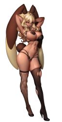 Rule 34 | 1girl, absurdres, animal ears, arms behind head, asymmetrical clothes, asymmetrical legwear, black sclera, blonde hair, breasts, colored sclera, creatures (company), dark-skinned female, dark skin, full body, game freak, gen 4 pokemon, high heels, highres, humanization, large breasts, long hair, lop rabbit ears, lopunny, navel, nintendo, no pupils, orange eyes, pasties, pokemon, rabbit ears, rabbit girl, rabbit tail, simple background, skindentation, smile, solo, standing, tail, tangerine (dudu), thighhighs, torn clothes, torn thighhighs, white background