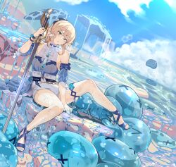 Rule 34 | 1girl, absurdres, bare shoulders, blonde hair, blue eyes, blue footwear, blue nails, blue sky, blush, bow, breasts, cloud, commentary request, day, detached sleeves, facing viewer, genshin impact, hair between eyes, hair bow, halterneck, hand up, high heels, highres, holding, holding sword, holding weapon, jean (genshin impact), jean (sea breeze dandelion) (genshin impact), knee up, lens flare, long bangs, long hair, looking afar, medium breasts, o-ring, official alternate costume, open mouth, outdoors, ponytail, sandals, see-through, sidelocks, sitting, sky, slime (creature), slime (genshin impact), slime (substance), solo focus, sword, thigh strap, thighs, uv20, water, weapon, wet, wrist cuffs, wristband