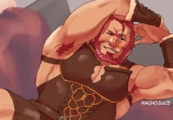 Rule 34 | 1boy, armor, armpits, bara, beard, biceps, blush, breastplate, cape, facial hair, fate/grand order, fate (series), highres, iskandar (fate), looking at viewer, macho juice, male focus, muscular, one eye closed, pectorals, red eyes, red hair, shorts, simple background, sitting, smile, solo