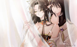 Rule 34 | 1other, absurdres, androgynous, ashura (rg veda), black hair, blurry, couple, dated, depth of field, highres, jewelry, long hair, necklace, pointy ears, rg veda, see-through, sunrise rhyme, tsubasa chronicle, very long hair, yasha-ou